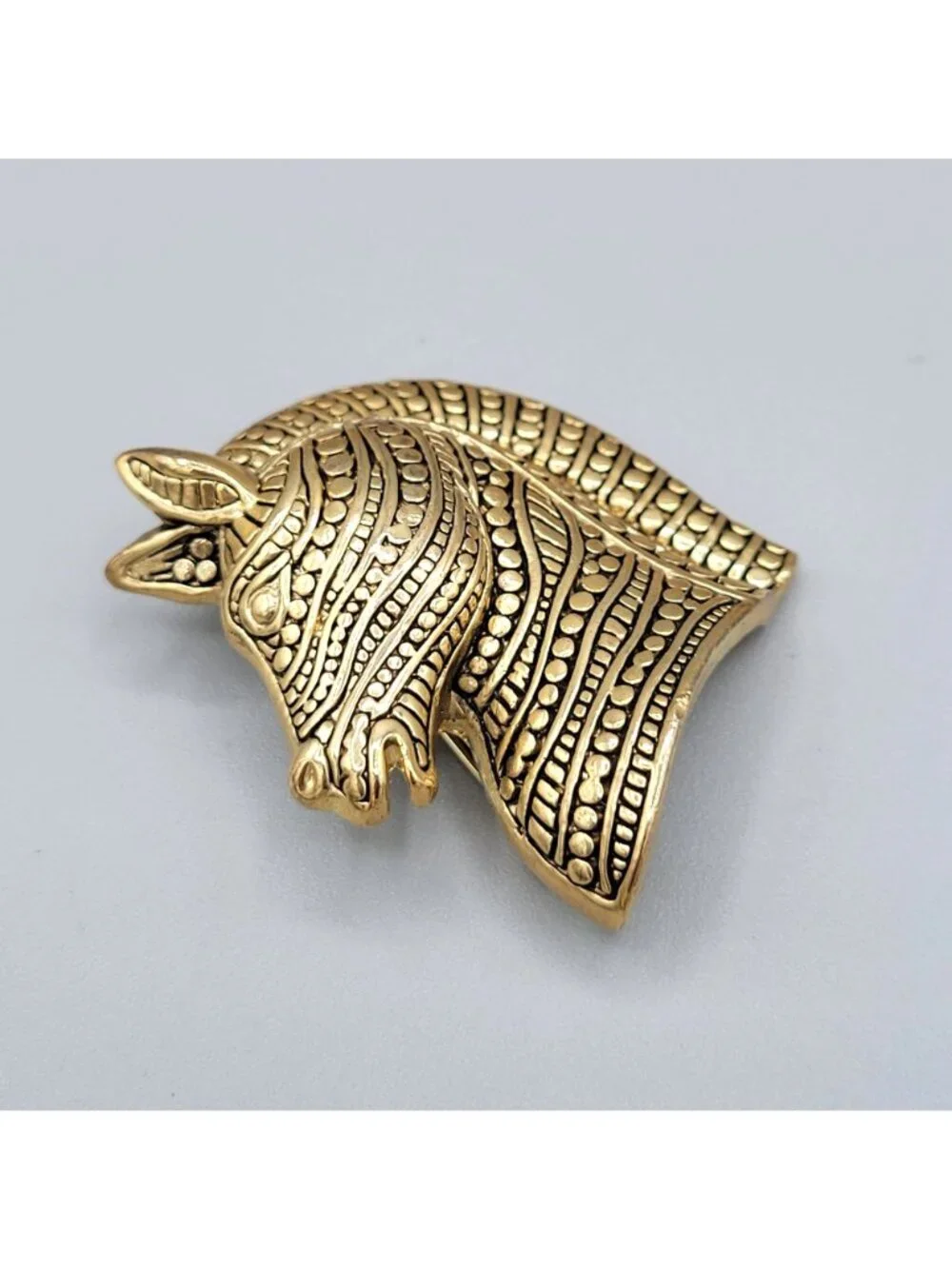 Gold Tone Horse Head Boho Brooch Western Fashion Textured Pattern